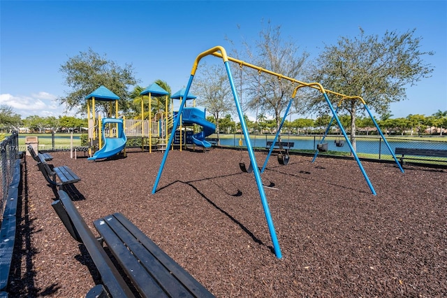 view of play area featuring a water view