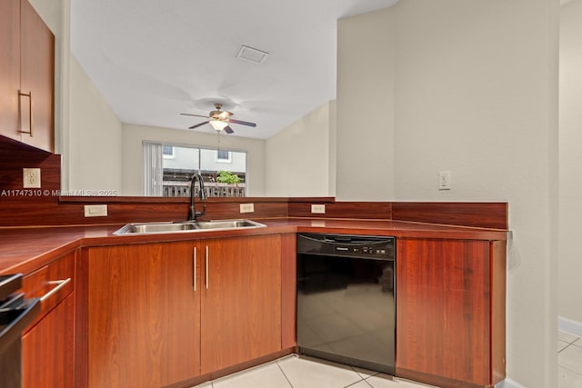 kitchen with range, ceiling fan, light tile patterned flooring, sink, and black dishwasher