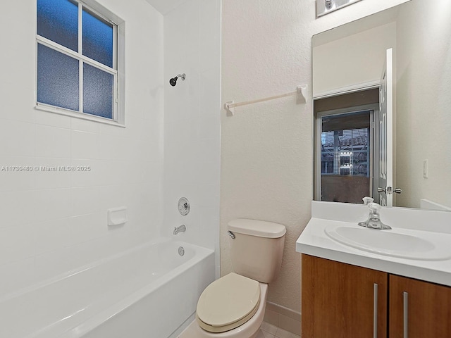 full bathroom with shower / bathing tub combination, vanity, and toilet