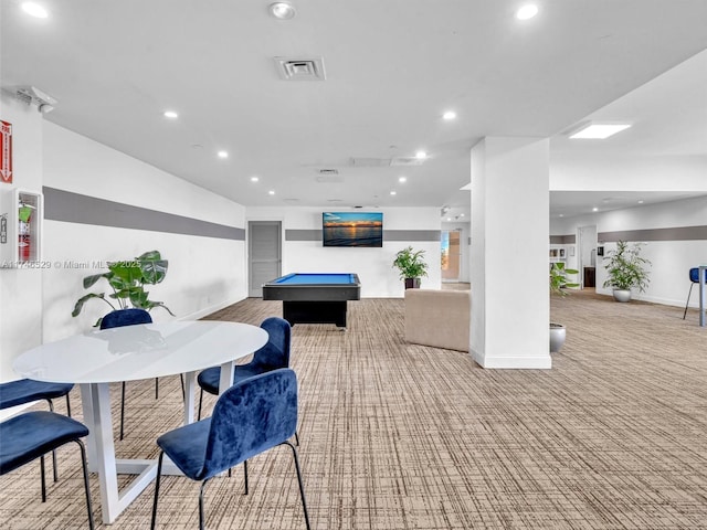 playroom with pool table and light colored carpet