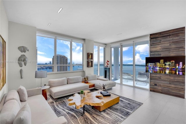 living room featuring a water view