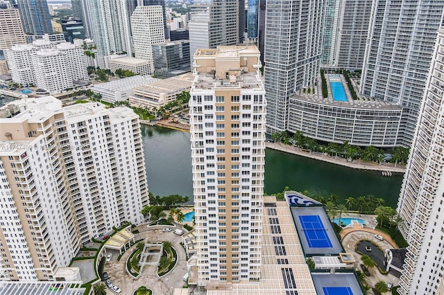 drone / aerial view featuring a water view