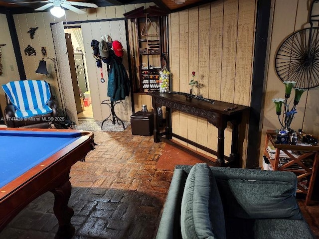 game room featuring ceiling fan and pool table