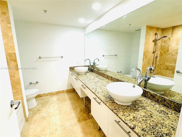 full bathroom with vanity, independent shower and bath, tile patterned flooring, and toilet