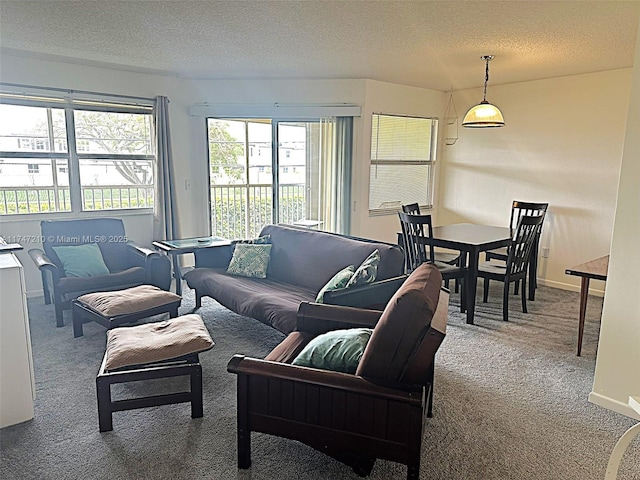 carpeted living area featuring a textured ceiling and baseboards