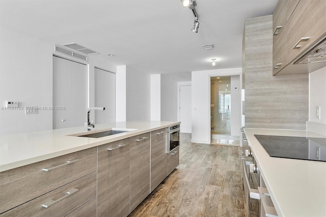 kitchen with sink, oven, light hardwood / wood-style floors, black electric stovetop, and track lighting