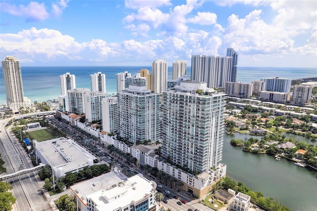 drone / aerial view featuring a view of city and a water view