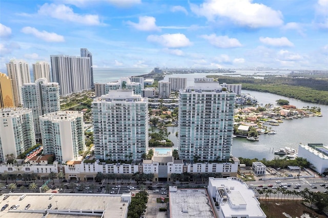 aerial view with a water view and a view of city