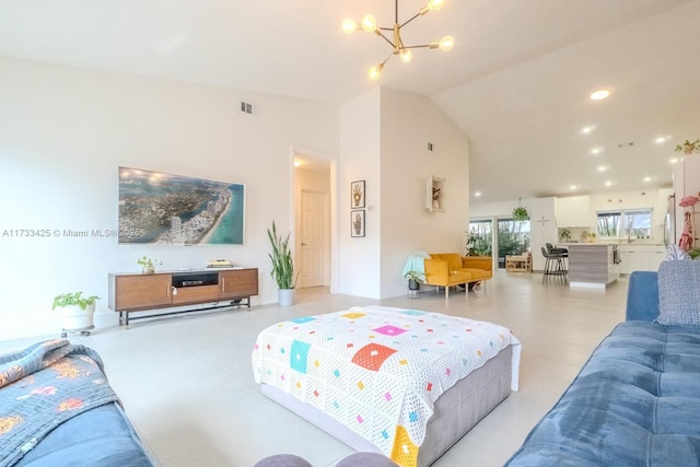 bedroom featuring high vaulted ceiling and a chandelier