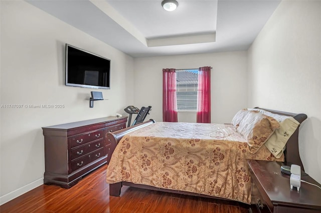 bedroom with dark hardwood / wood-style floors and a raised ceiling