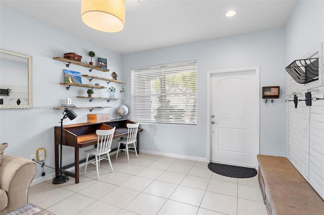 dining room featuring light tile patterned flooring, baseboards, and recessed lighting