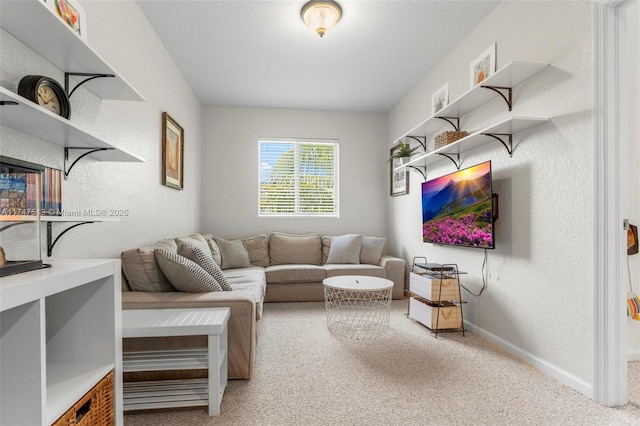living room with carpet floors, a textured wall, and baseboards