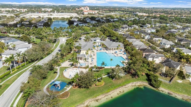 aerial view featuring a residential view and a water view