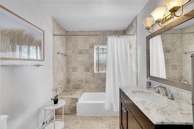 bathroom with shower / bathtub combination with curtain, vanity, and tile patterned floors