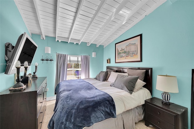 bedroom featuring vaulted ceiling with beams and wooden ceiling