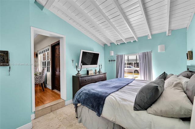 bedroom with vaulted ceiling with beams, wood ceiling, and baseboards