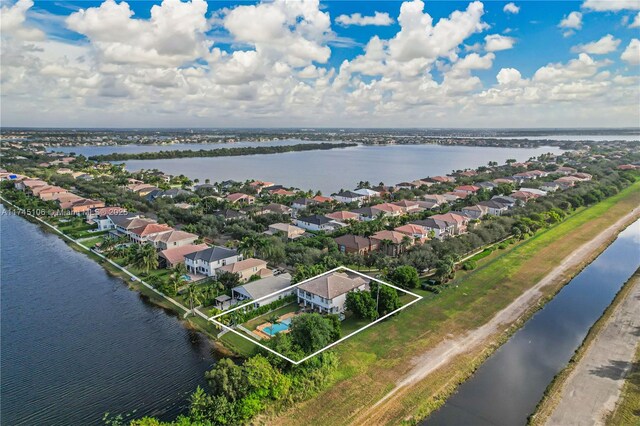 aerial view featuring a water view