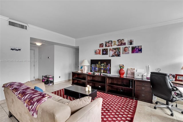 interior space featuring light tile patterned floors and crown molding