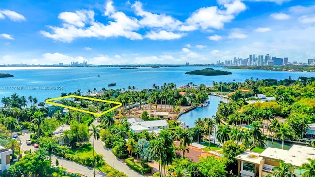 birds eye view of property with a water view and a view of city