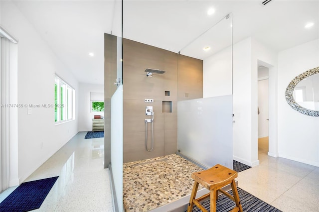 7331 Belle Meade Island Dr, Miami, FL 33138 - bathroom with a walk in shower, speckled floor, baseboards, and recessed lighting