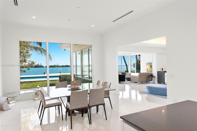 7331 Belle Meade Island Dr, Miami, FL 33138 - dining room with ornamental molding, recessed lighting, and a water view
