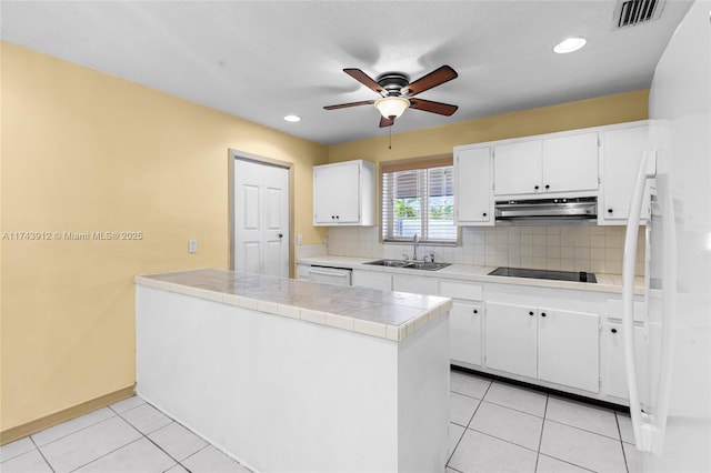 kitchen with white cabinets, decorative backsplash, light tile patterned flooring, sink, and kitchen peninsula