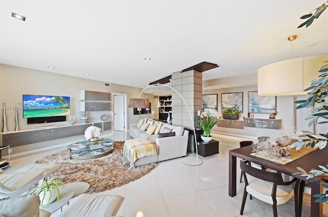 tiled living room with decorative columns