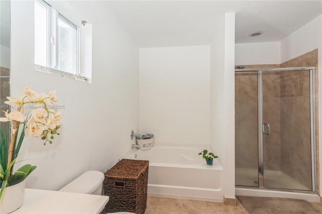 full bathroom with vanity, tile patterned flooring, a stall shower, and a bath