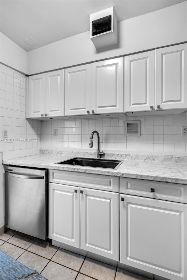 kitchen with white cabinets, dishwasher, backsplash, and sink