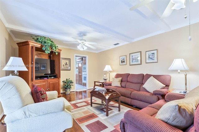 living room with light hardwood / wood-style flooring and ceiling fan