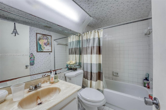 full bathroom featuring toilet, shower / tub combo with curtain, and vanity