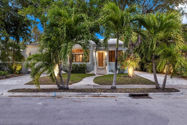 obstructed view of property featuring a front yard, decorative driveway, and stucco siding