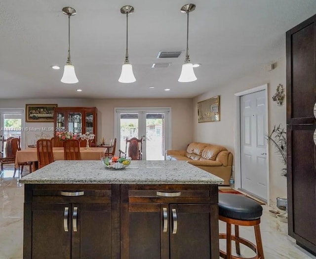 kitchen with a healthy amount of sunlight, french doors, dark brown cabinetry, and decorative light fixtures