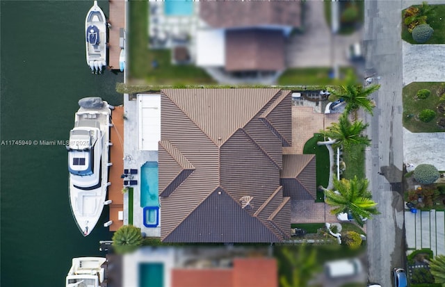 aerial view featuring a water view