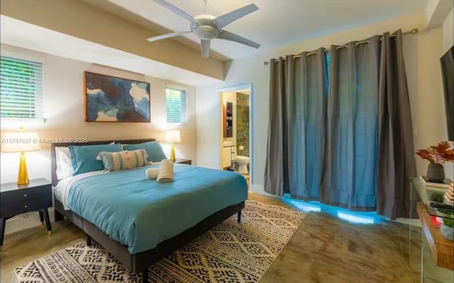 bedroom with connected bathroom and ceiling fan