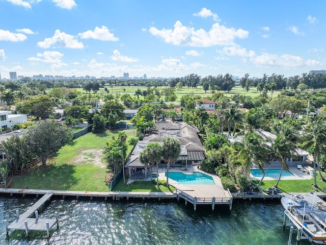 drone / aerial view with a water view