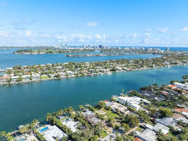 aerial view with a water view and a city view