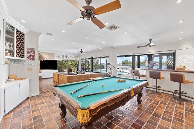 rec room with recessed lighting, visible vents, crown molding, and pool table