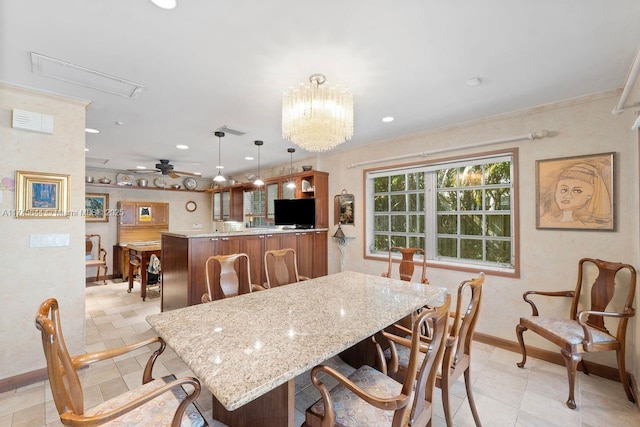 dining area with ceiling fan with notable chandelier, recessed lighting, visible vents, and baseboards