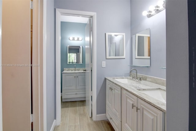 bathroom with vanity and wood-type flooring