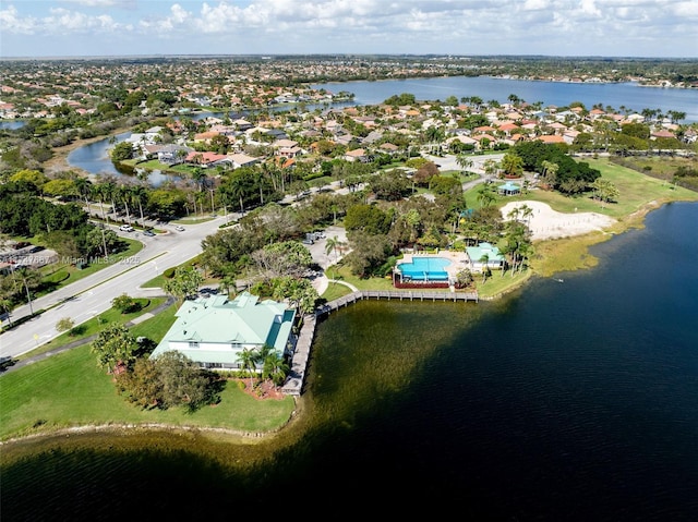 aerial view featuring a water view