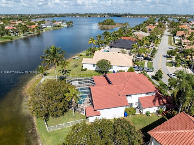 aerial view featuring a water view