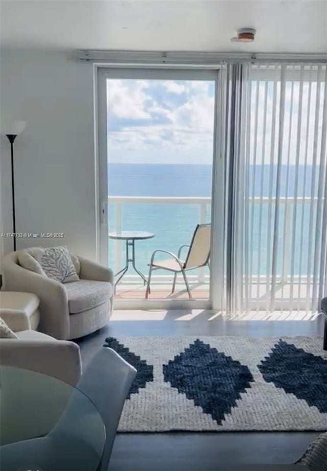 interior space featuring hardwood / wood-style floors and a water view