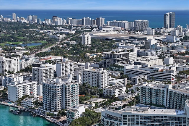 bird's eye view featuring a city view and a water view