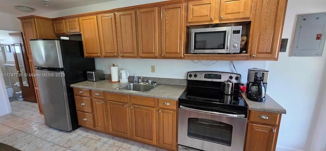 kitchen with sink, electric panel, and stainless steel appliances