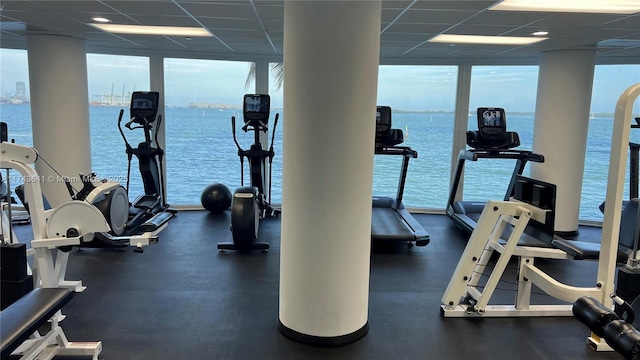 exercise room featuring floor to ceiling windows, plenty of natural light, and a paneled ceiling