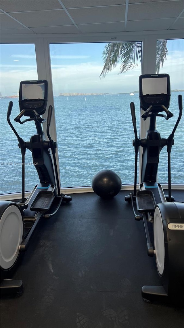 workout area with plenty of natural light and a water view