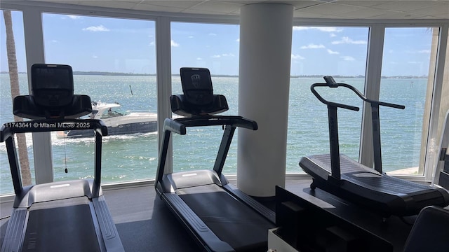 exercise room with a water view, a wall of windows, and a paneled ceiling