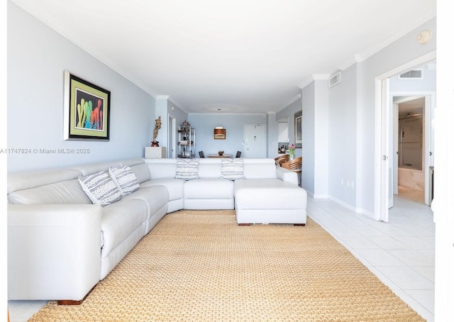 unfurnished living room featuring visible vents, crown molding, baseboards, and light tile patterned flooring