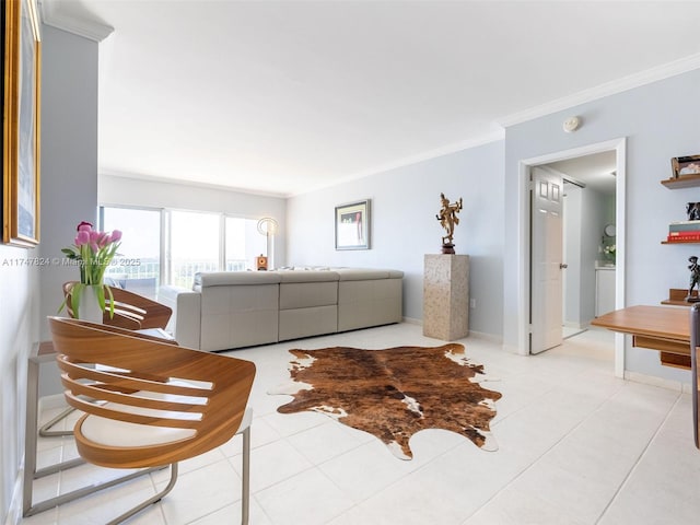 living area with light tile patterned floors, baseboards, and ornamental molding